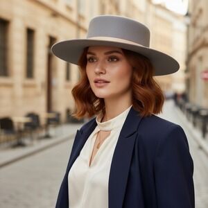 Gigi Pip Grey Wool Wide Brim Boater Hat With Tan Leather Band S/M